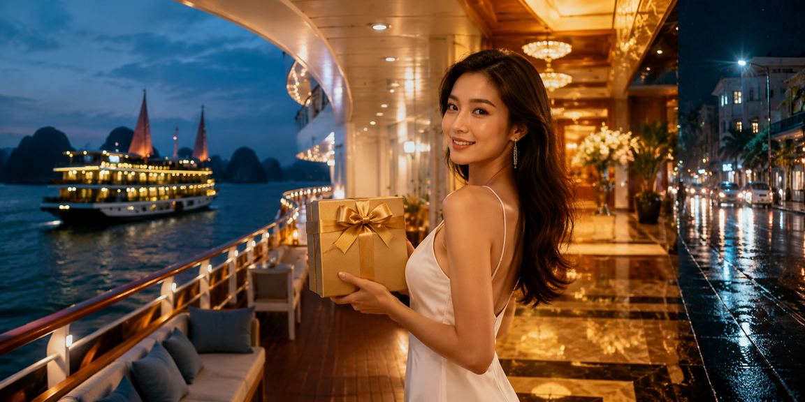 Người dùng xem kèo bóng đá trên điện thoại với phong cảnh vịnh Hạ Long phía sau