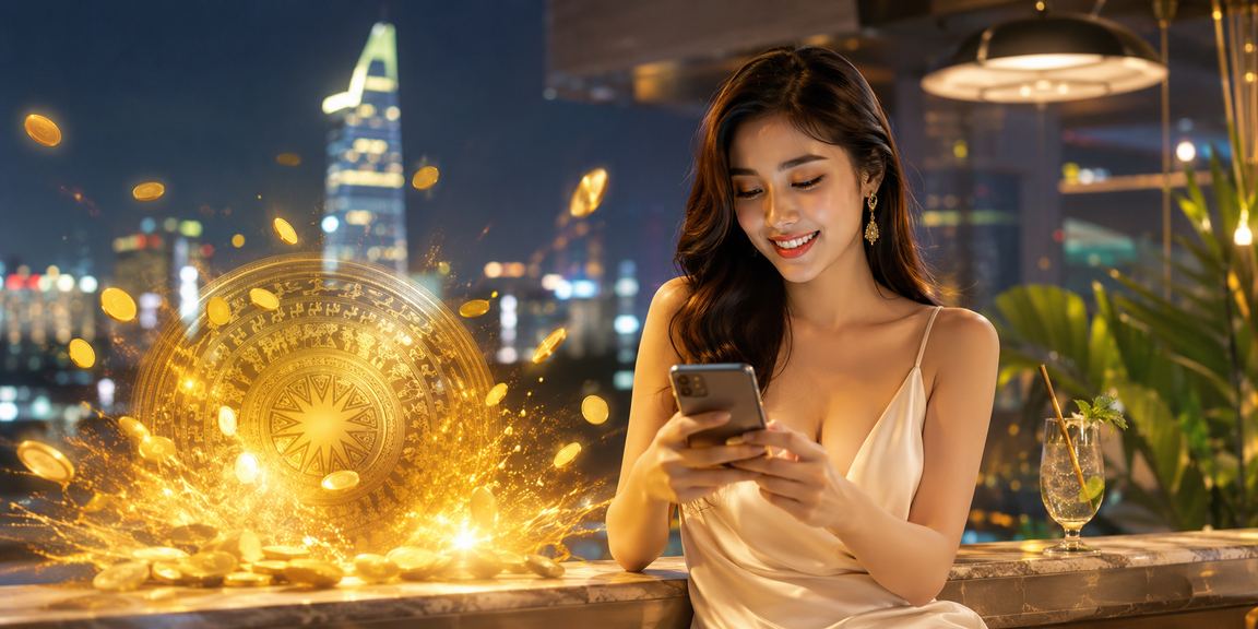 Màn hình casino di động sáng đèn neon tại TP. Hồ Chí Minh về đêm