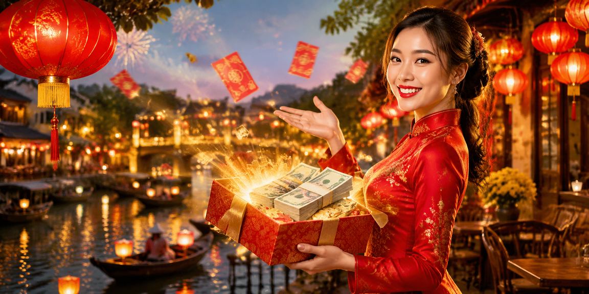 Phong bì đỏ may mắn trên bàn cà phê Hội An – biểu tượng ưu đãi và khuyến mãi dịp lễ Việt Nam